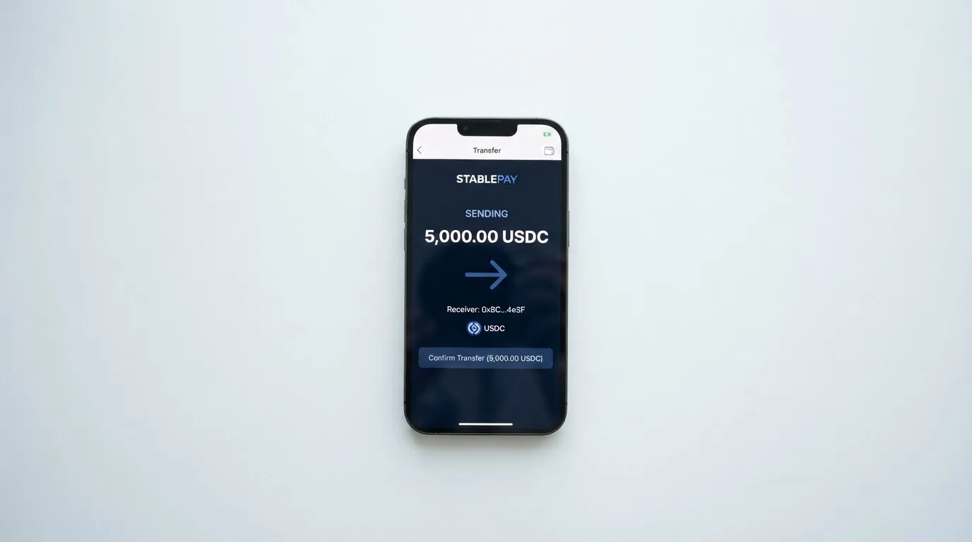 A phone showing a stablecoin transfer screen