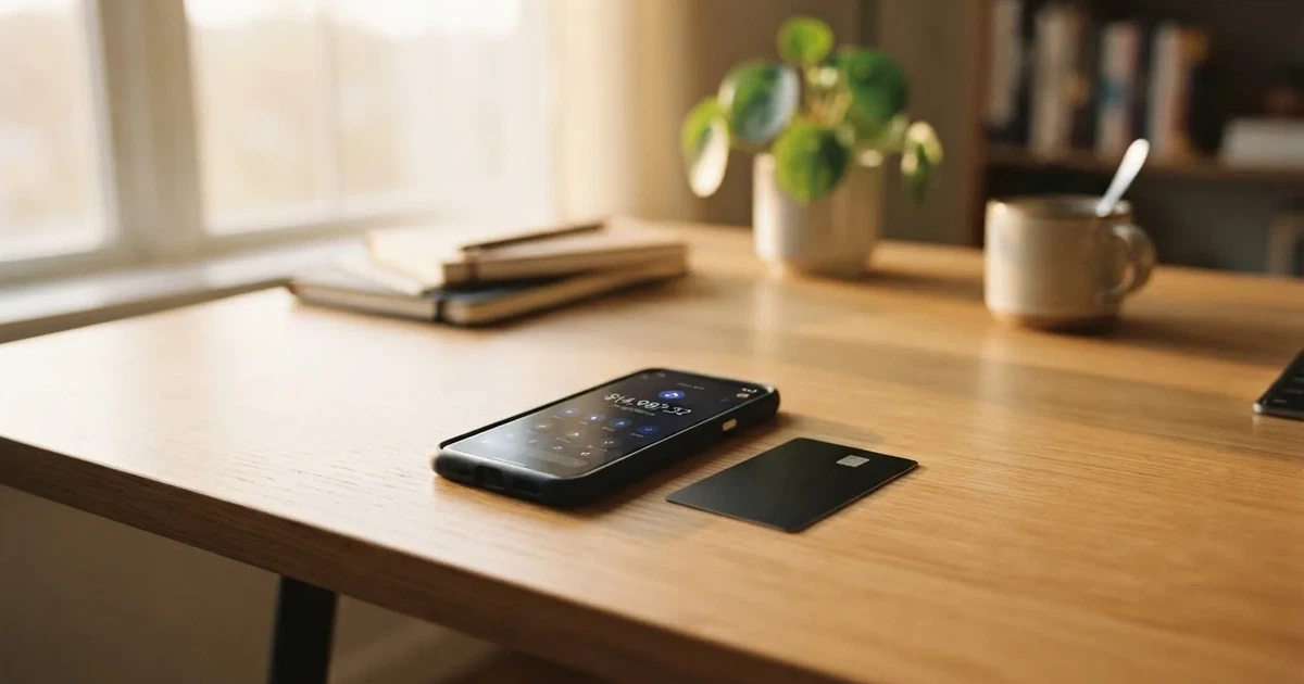 A payment card next to a phone with a crypto wallet app open