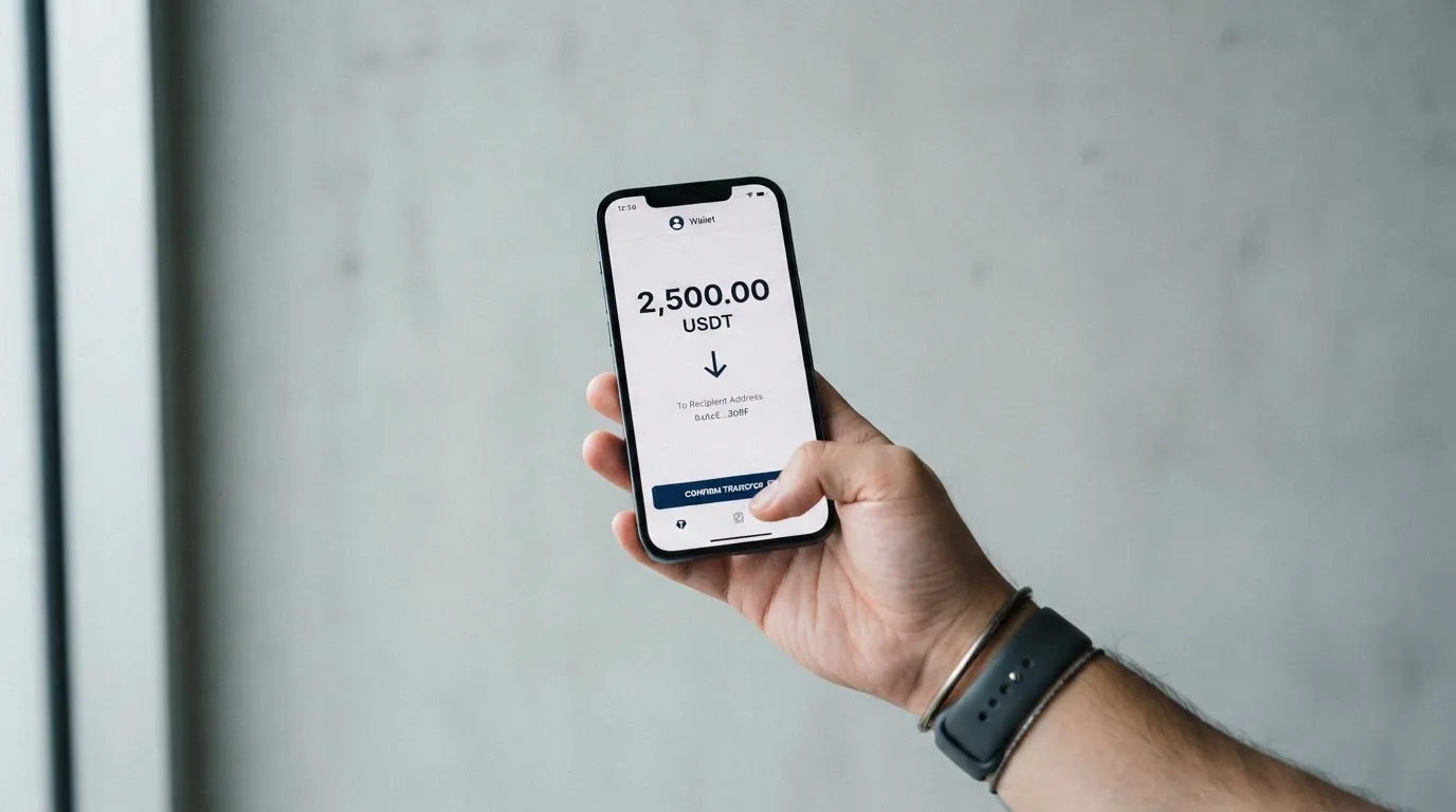 A phone showing a stablecoin transfer screen