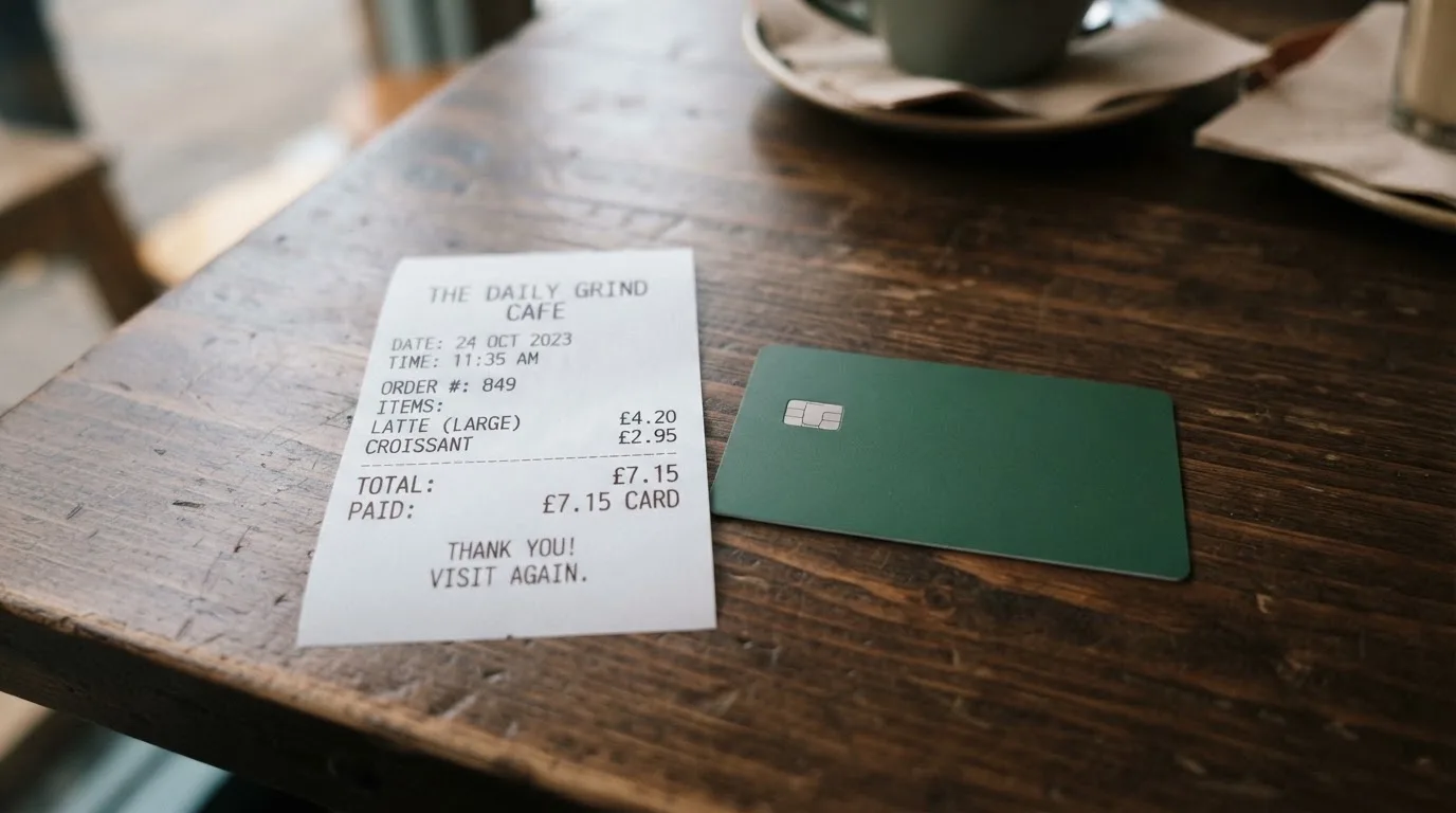 A receipt and a card on a café table
