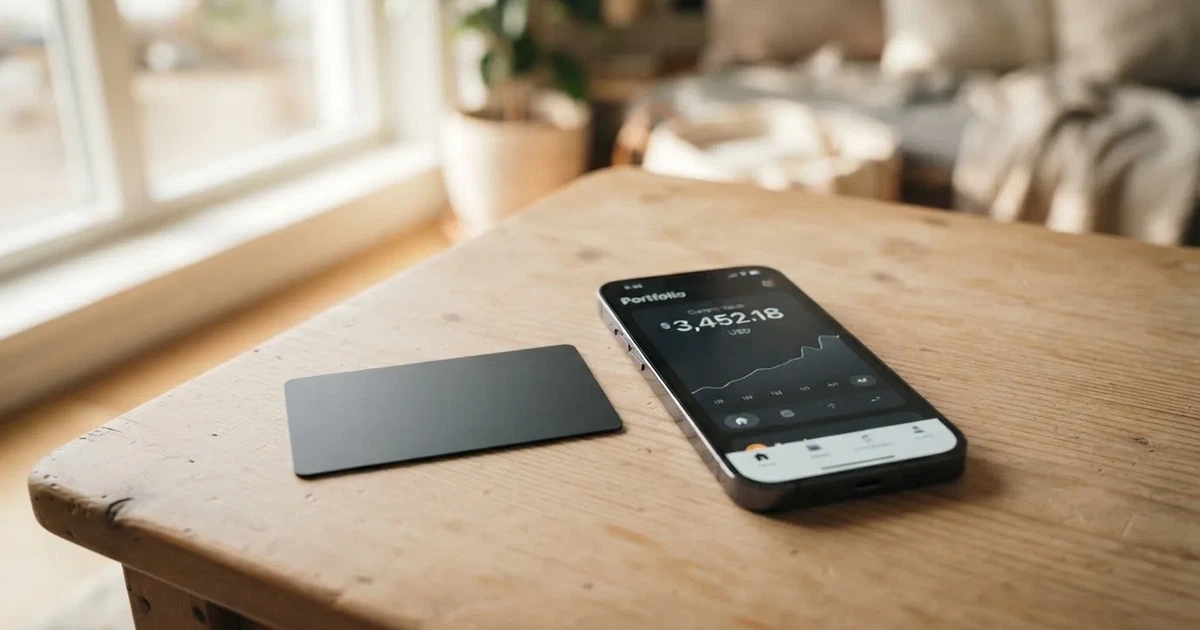 A payment card next to a phone with a crypto wallet app open