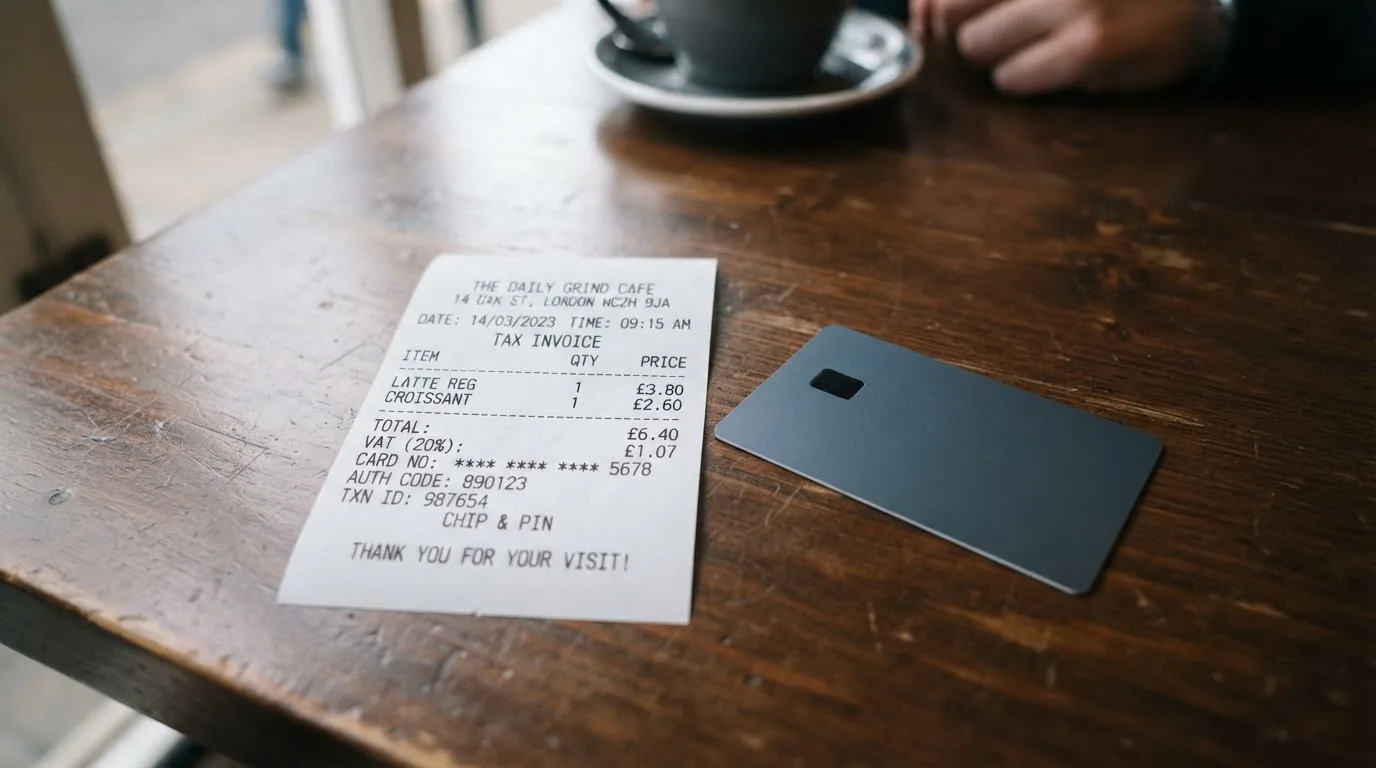 A receipt and a card on a café table