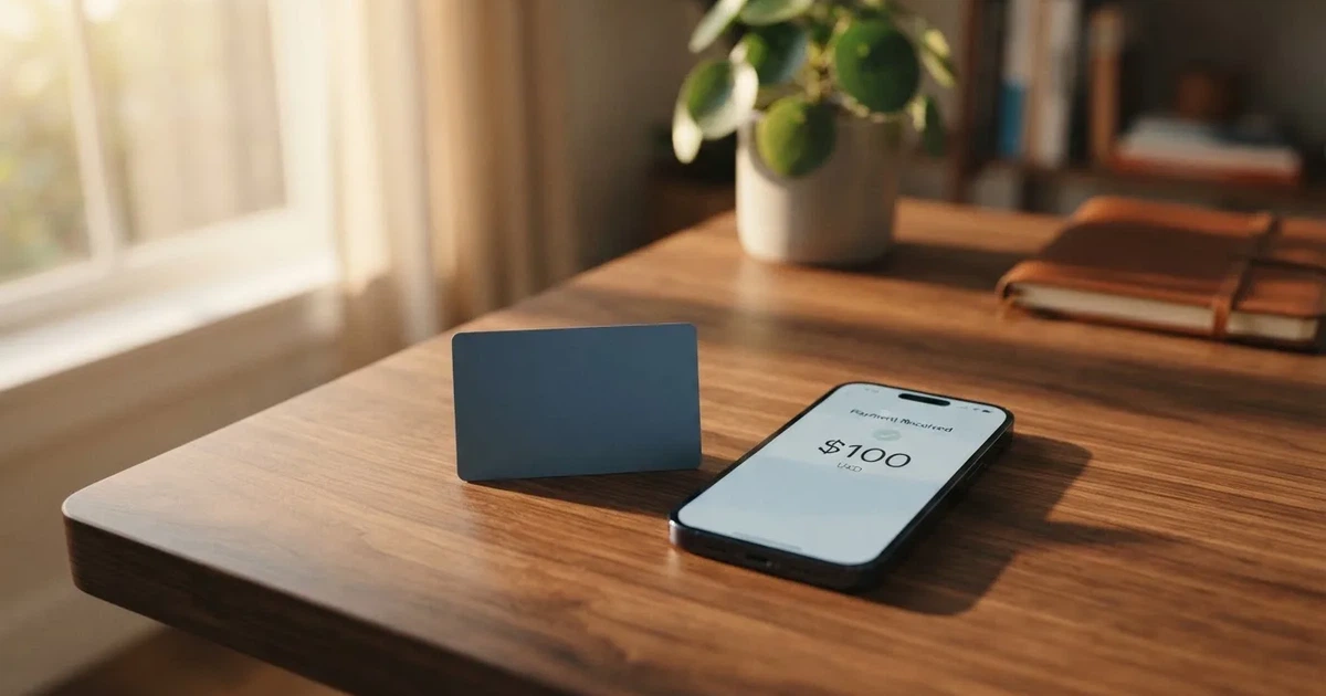 A payment card next to a phone with a crypto wallet app open