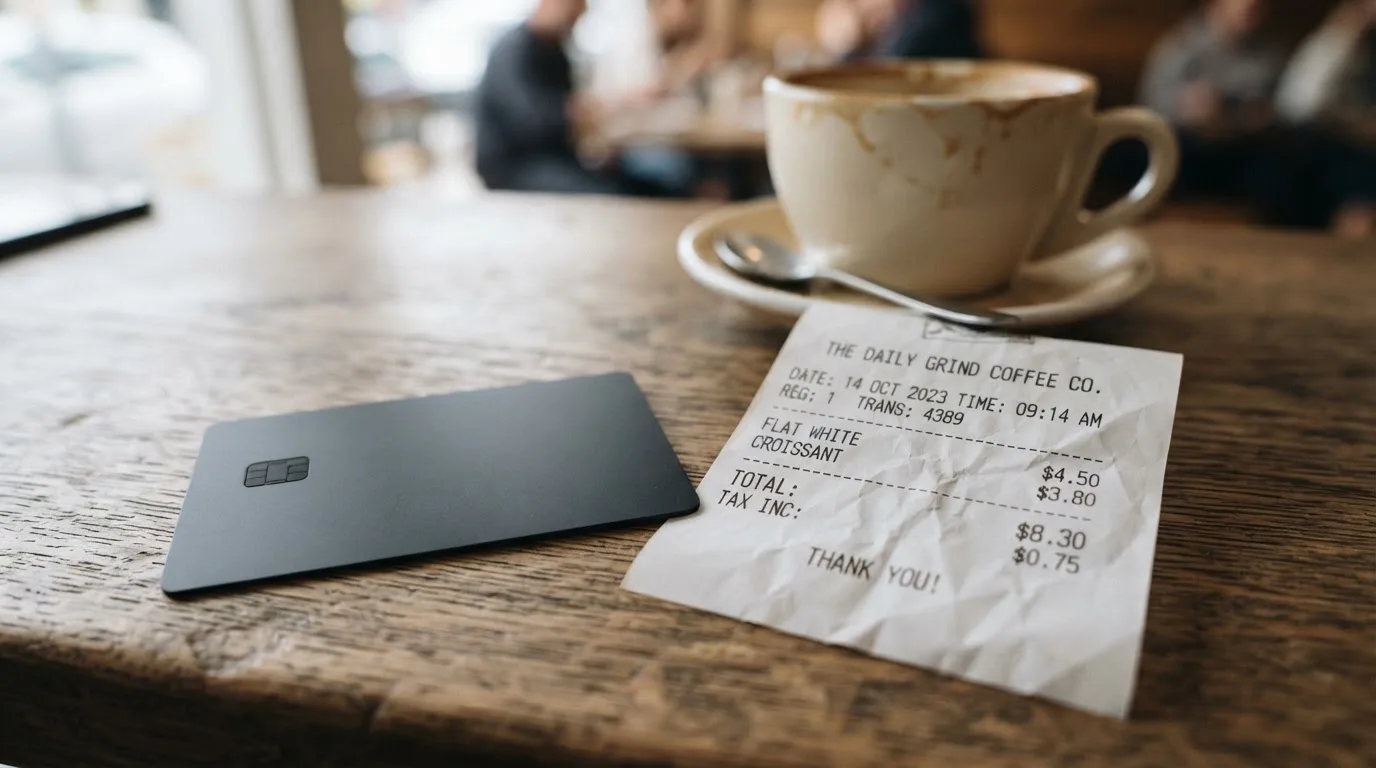 A receipt and a card on a café table