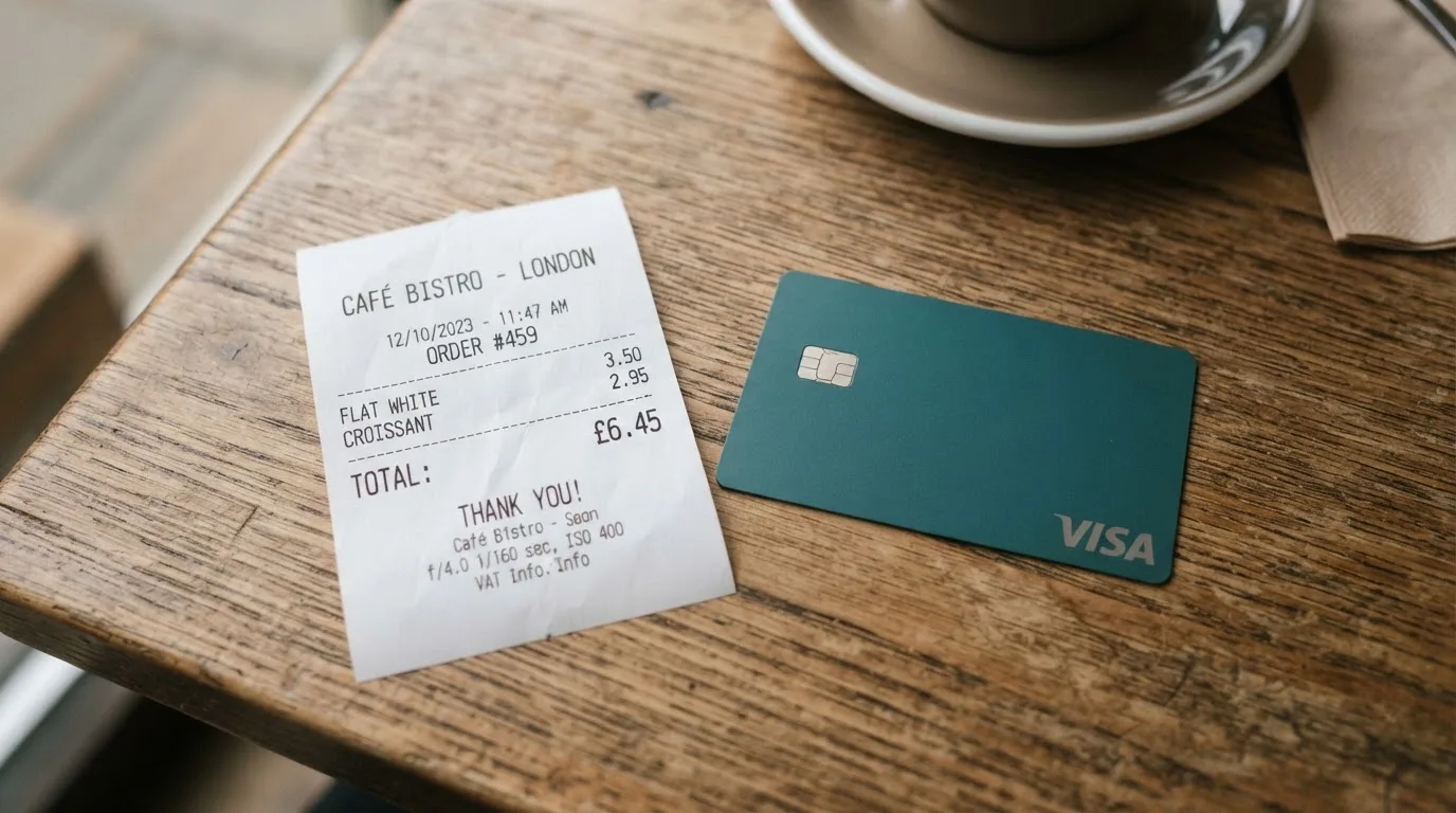 A receipt and a card on a café table