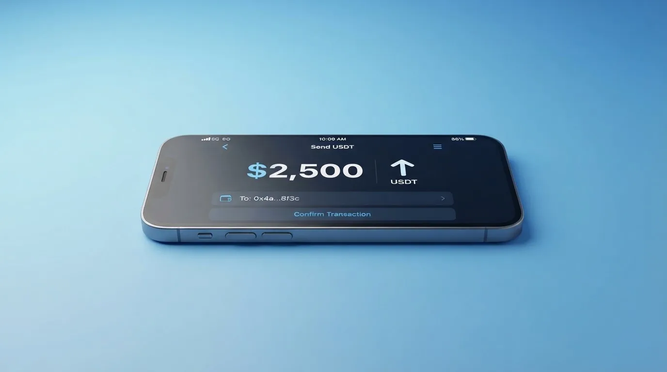 A phone showing a stablecoin transfer screen