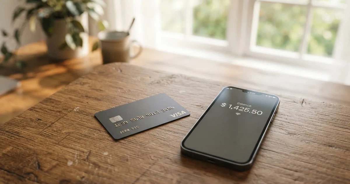 A payment card next to a phone with a crypto wallet app open