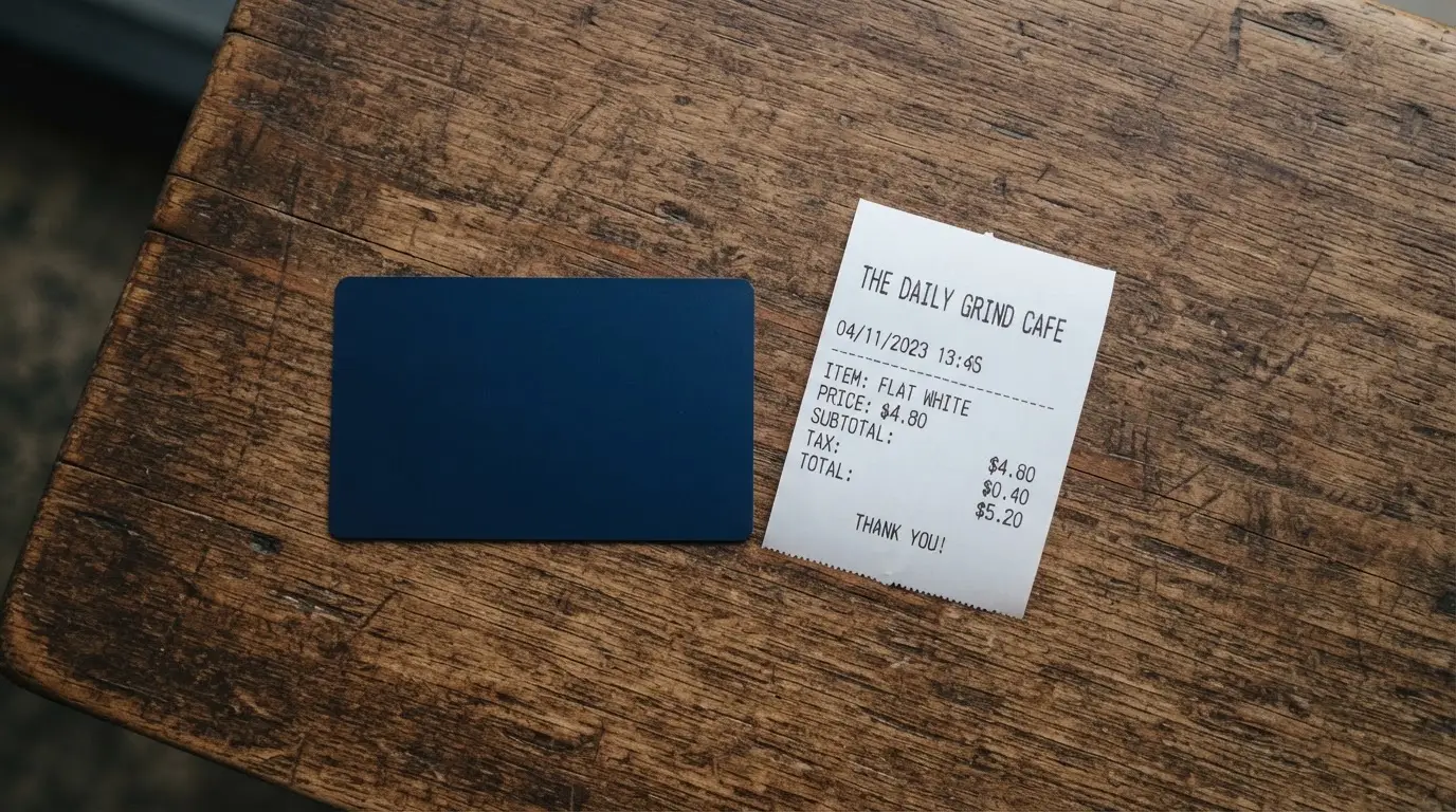 A receipt and a card on a café table