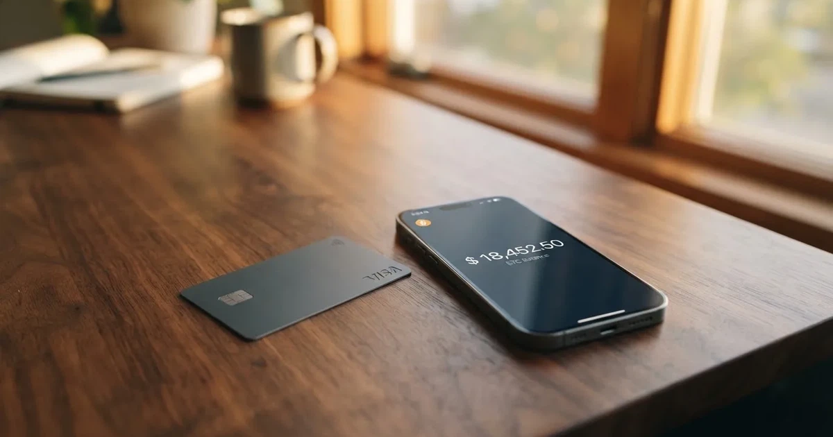 A payment card next to a phone with a crypto wallet app open