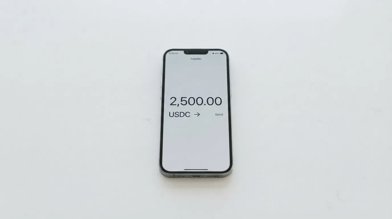 A phone showing a stablecoin transfer screen