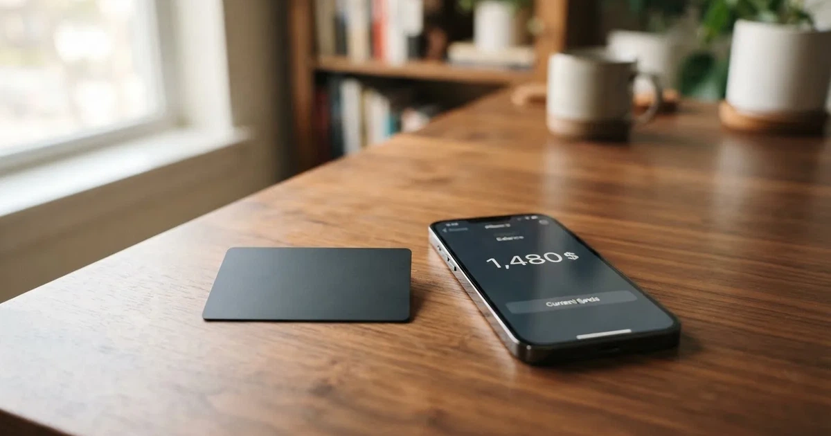 A payment card next to a phone with a crypto wallet app open