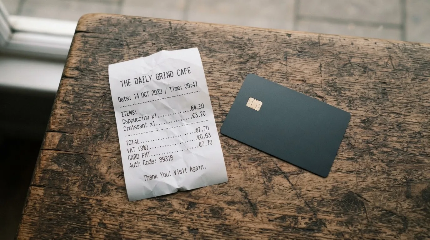 A receipt and a card on a café table