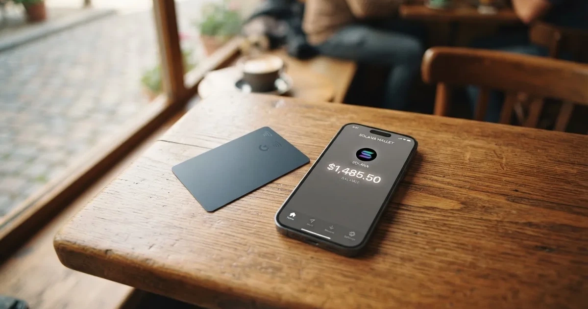 A payment card next to a phone with a crypto wallet app open