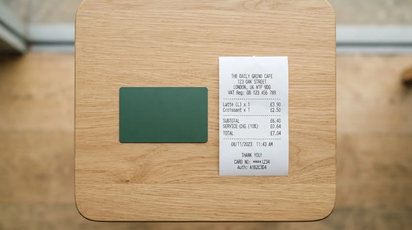 A receipt and a card on a café table