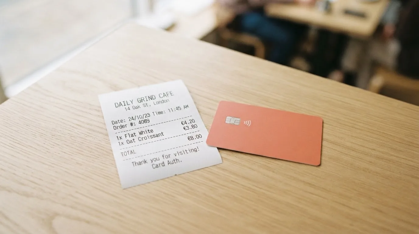 A receipt and a card on a café table