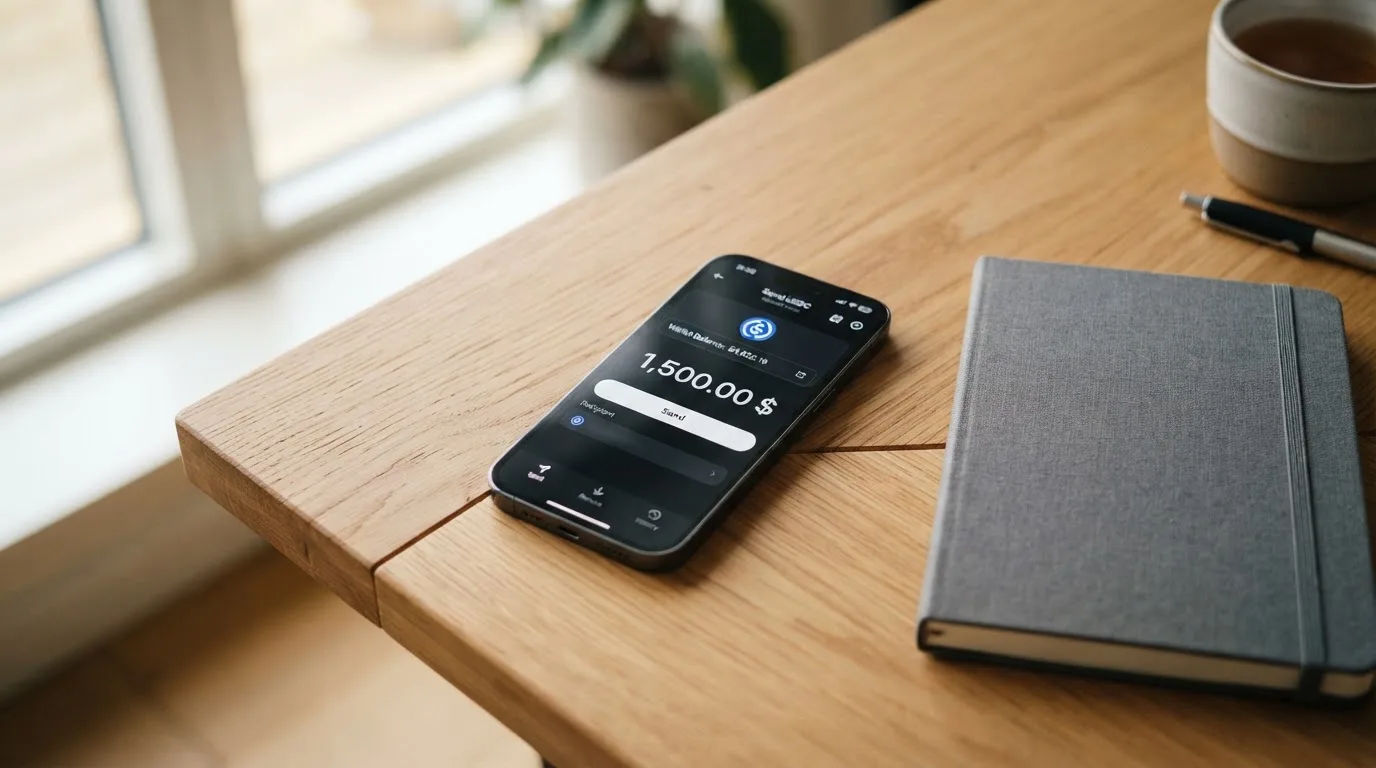 A phone showing a stablecoin transfer screen