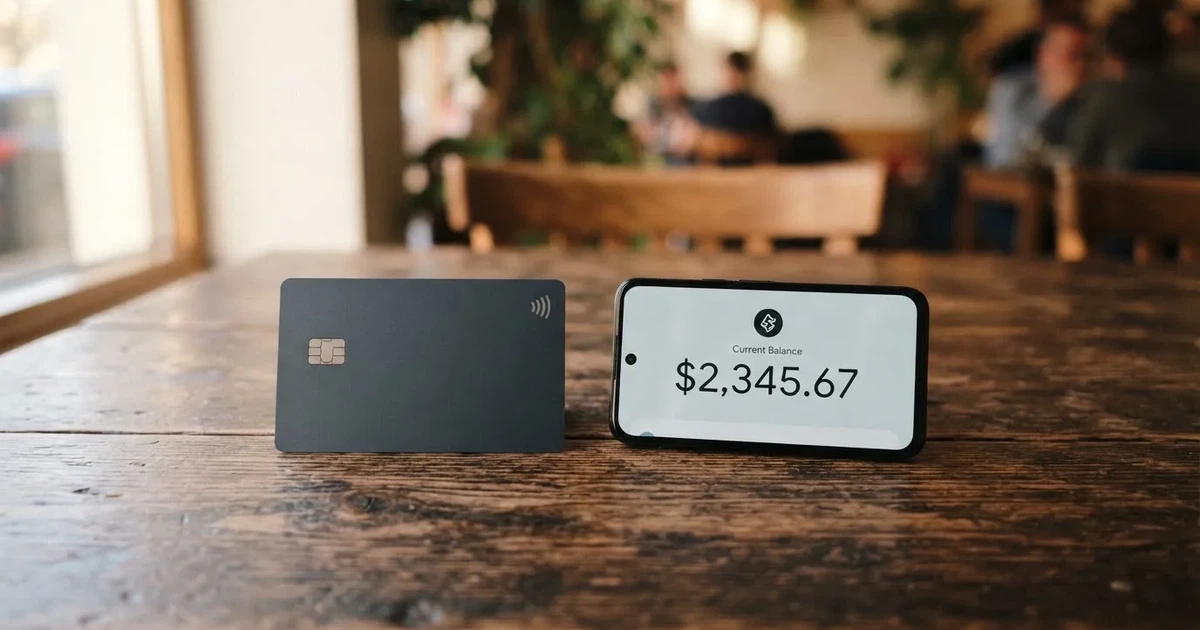 A payment card next to a phone with a crypto wallet app open