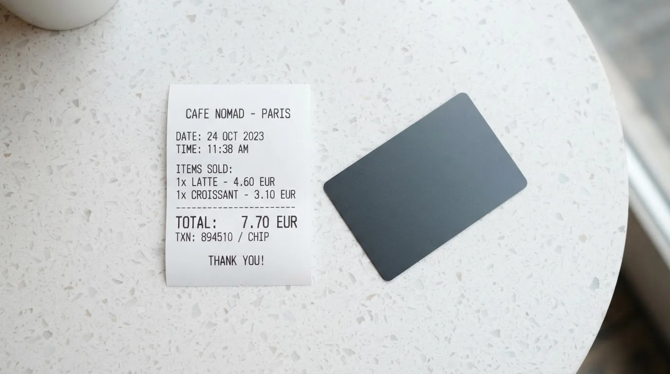 A receipt and a card on a café table