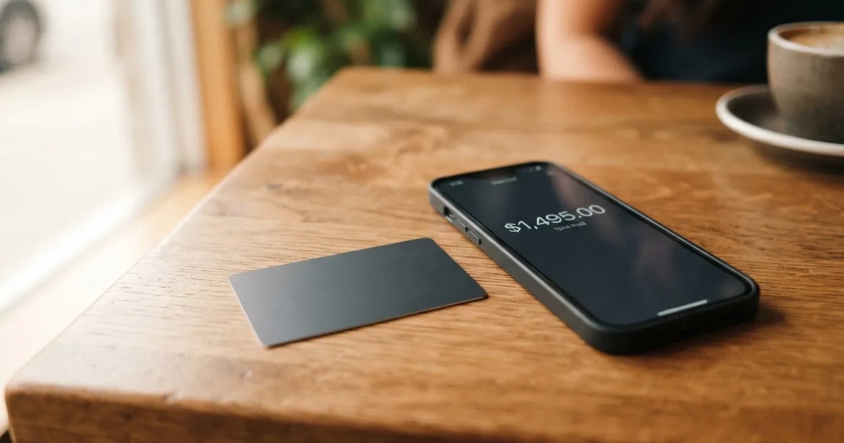 A payment card next to a phone with a crypto wallet app open