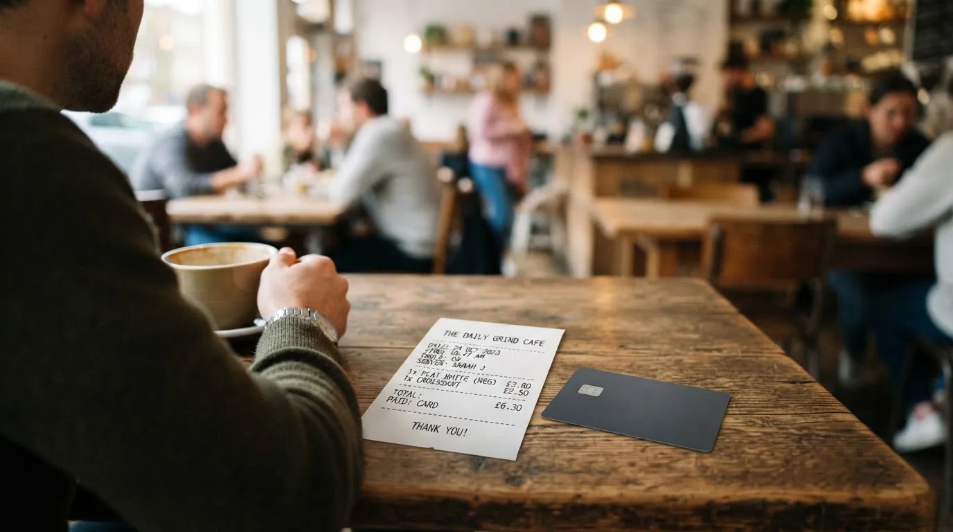 A receipt and a card on a café table