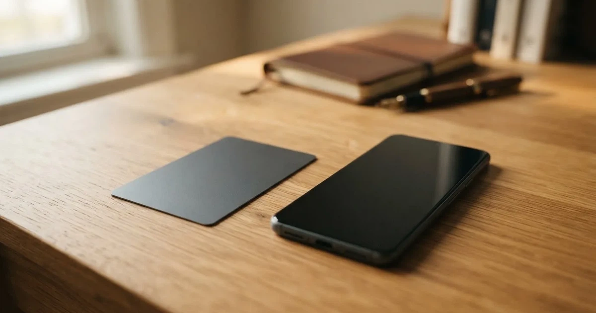 A payment card next to a phone with a crypto wallet app open