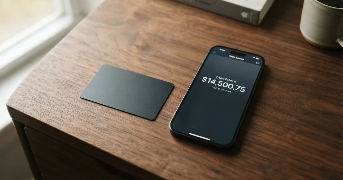 A payment card next to a phone with a crypto wallet app open