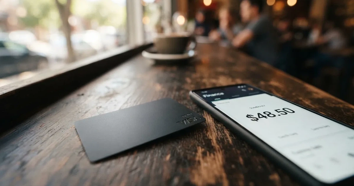 A payment card next to a phone with a crypto wallet app open