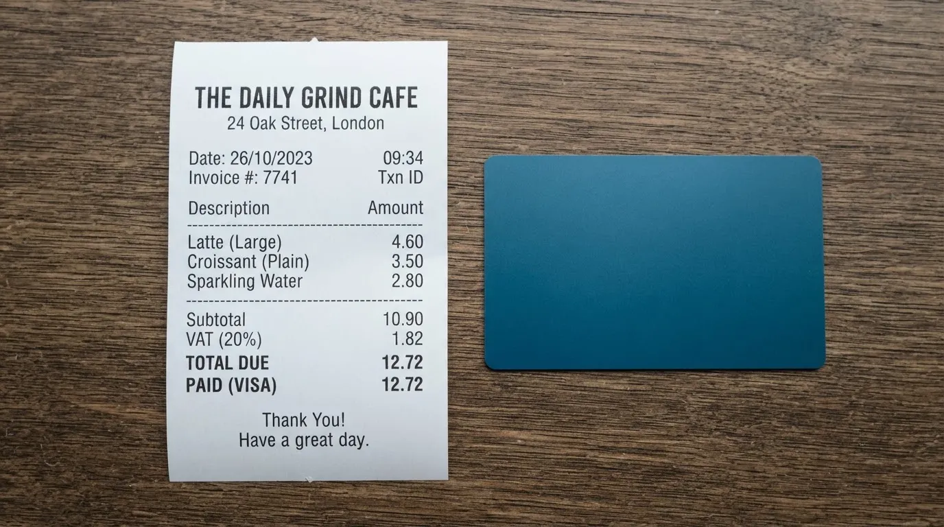 A receipt and a card on a café table