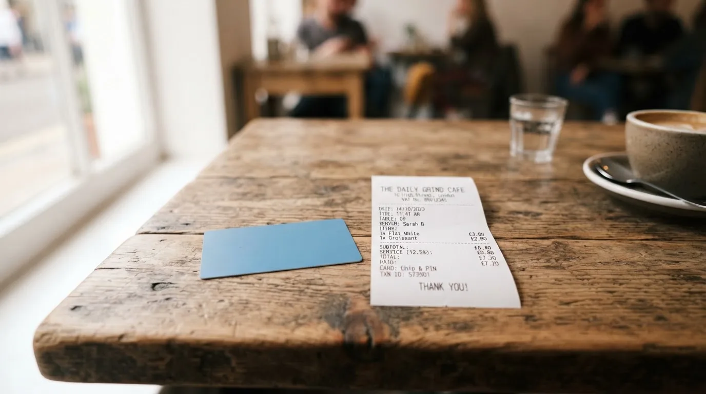 A receipt and a card on a café table