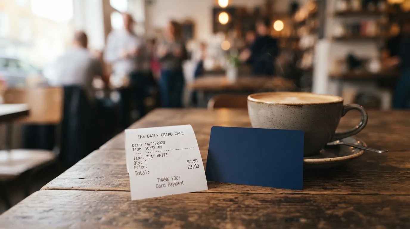 A receipt and a card on a café table