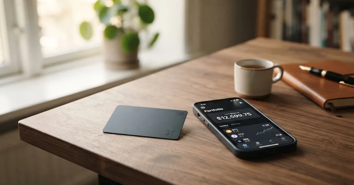 A payment card next to a phone with a crypto wallet app open