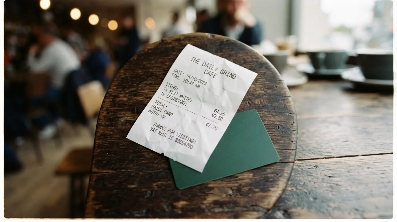 A receipt and a card on a café table