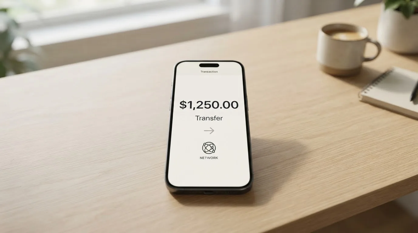 A phone showing a stablecoin transfer screen