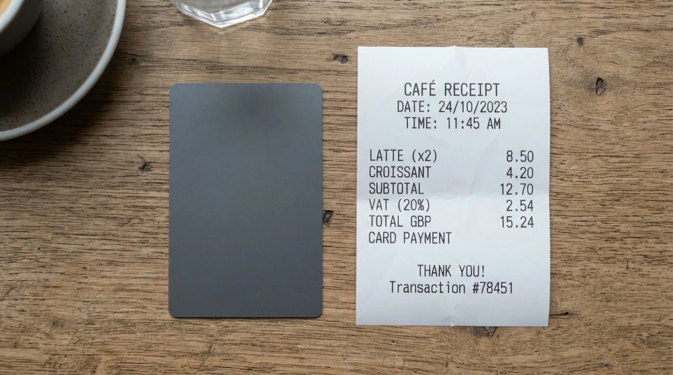 A receipt and a card on a café table