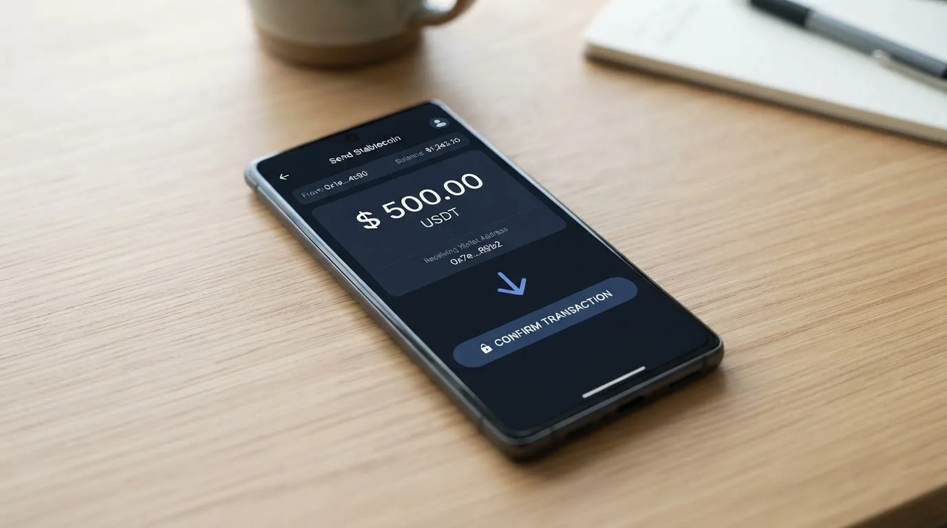 A phone showing a stablecoin transfer screen