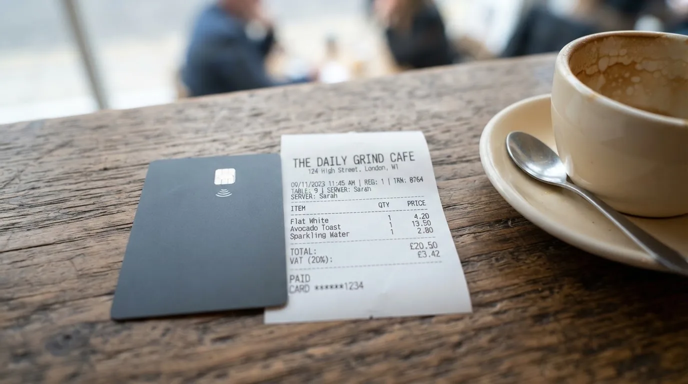 A receipt and a card on a café table