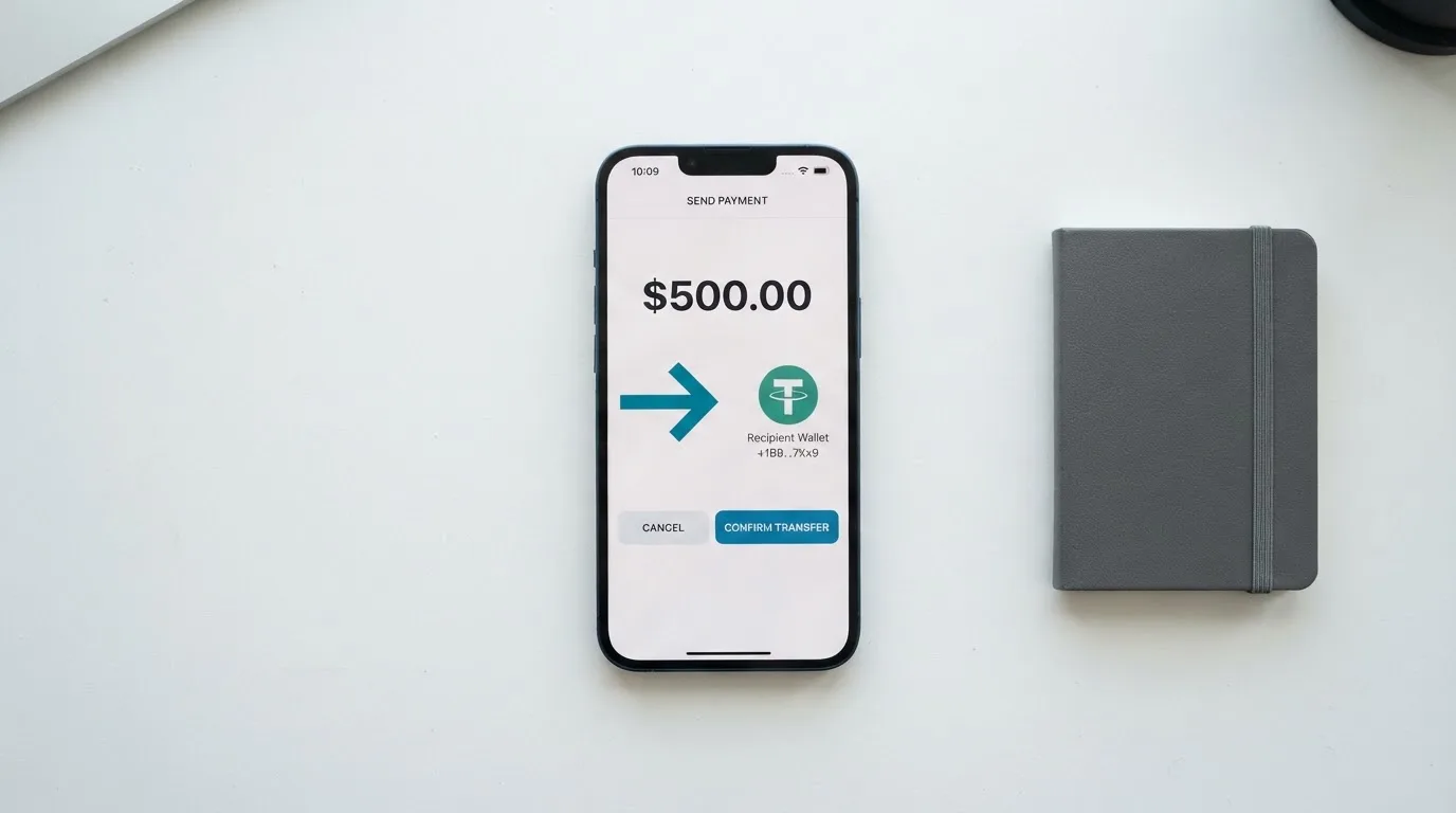 A phone showing a stablecoin transfer screen