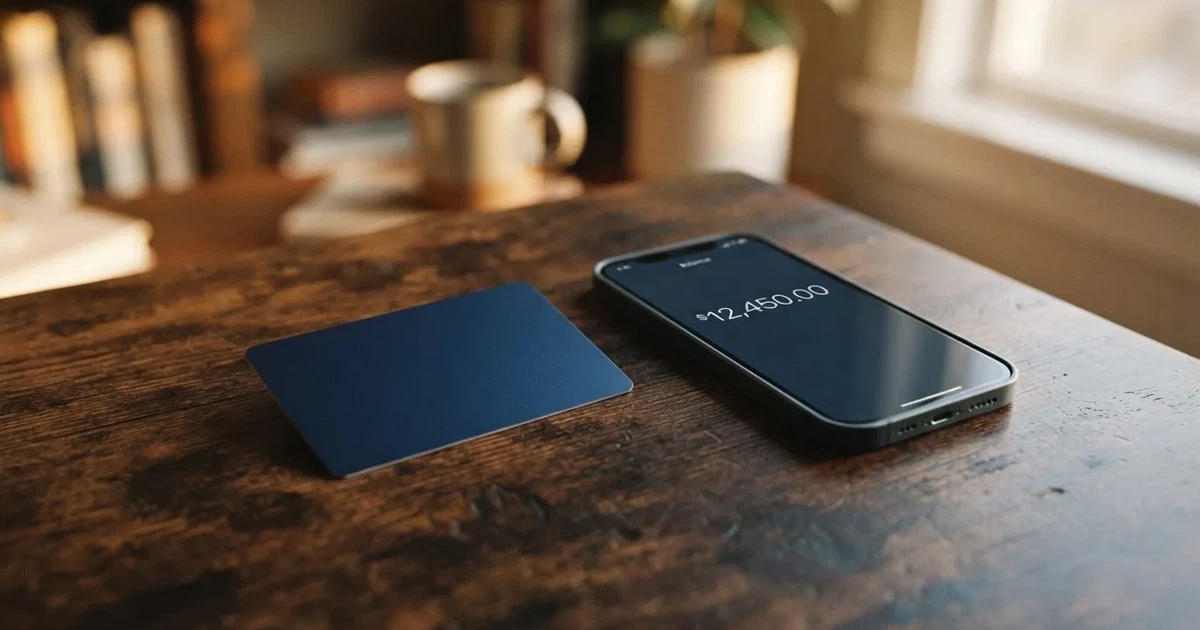 A payment card next to a phone with a crypto wallet app open
