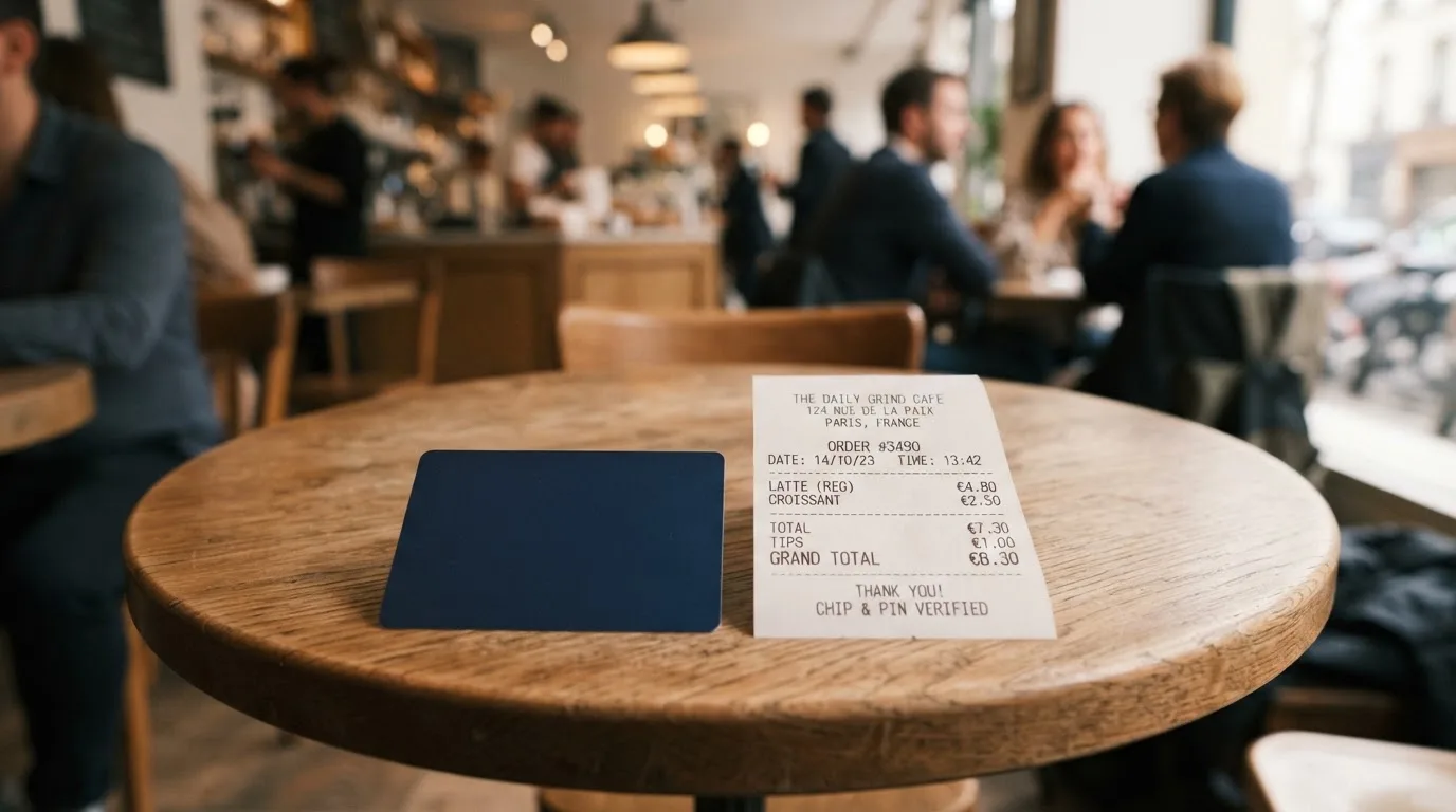 A receipt and a card on a café table