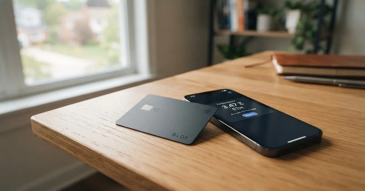 A payment card next to a phone with a crypto wallet app open