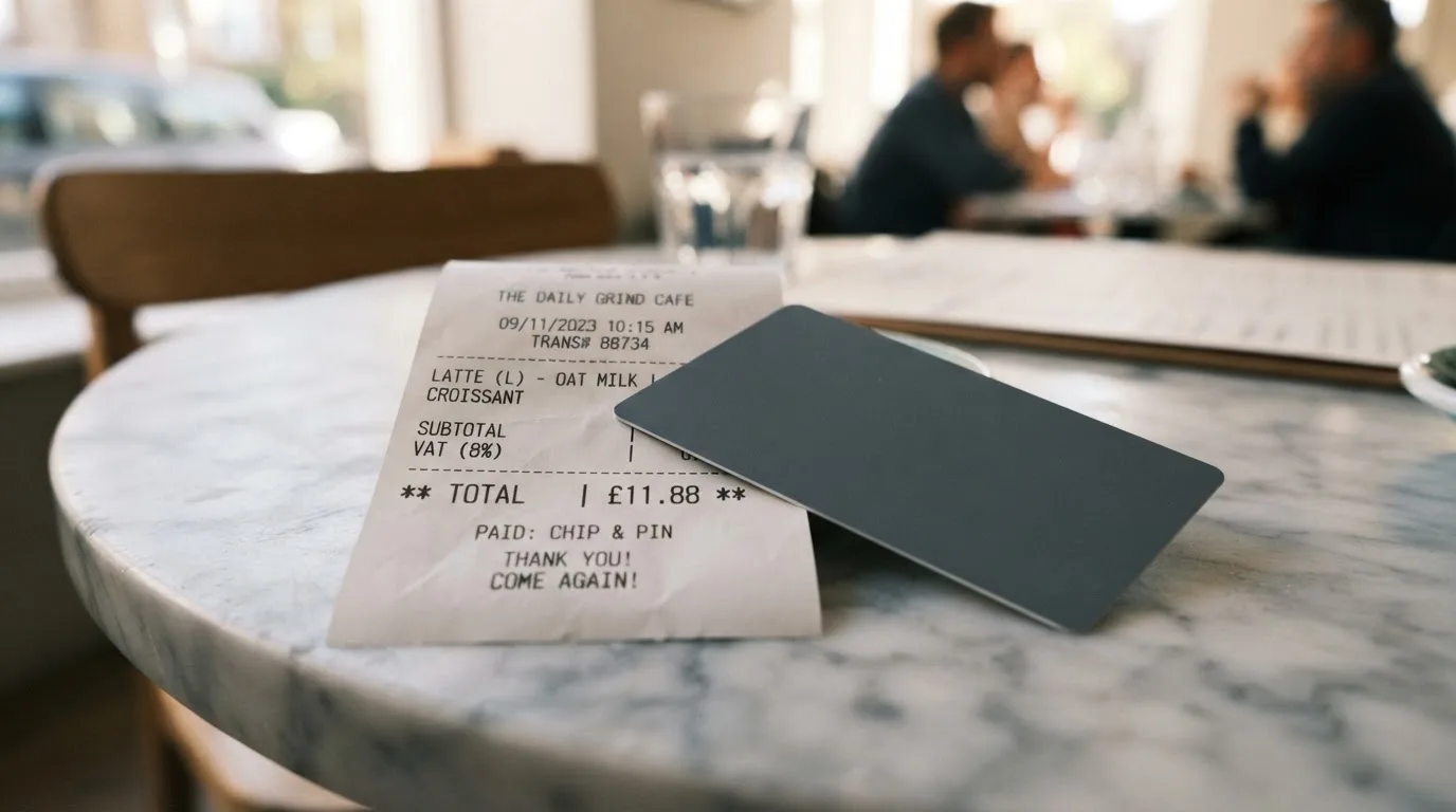 A receipt and a card on a café table