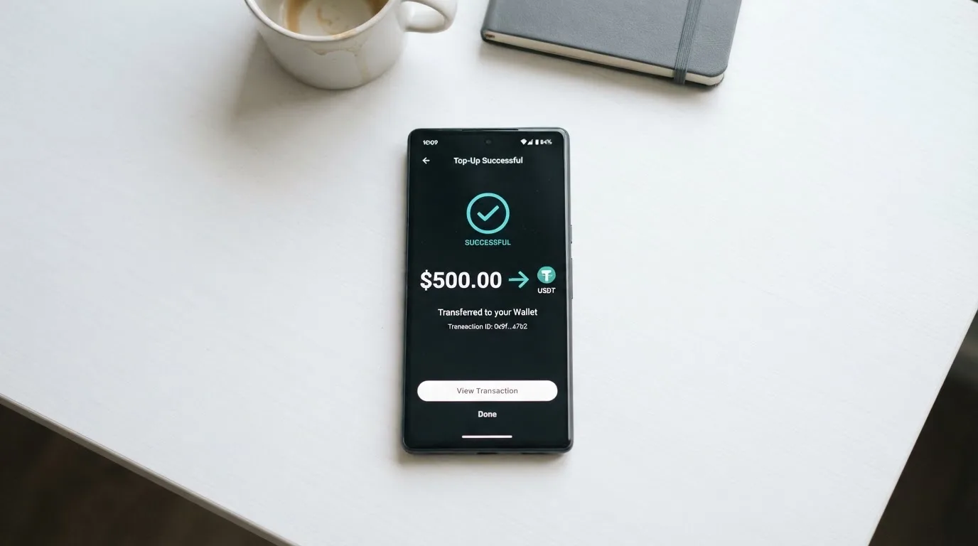 A phone showing a stablecoin transfer screen