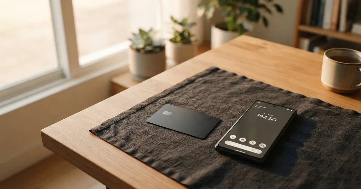 A payment card next to a phone with a crypto wallet app open