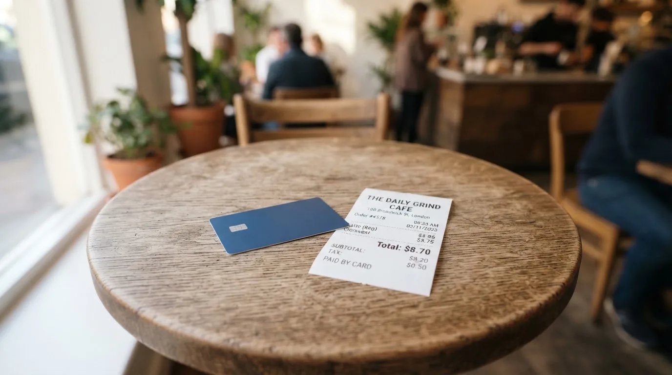 A receipt and a card on a café table