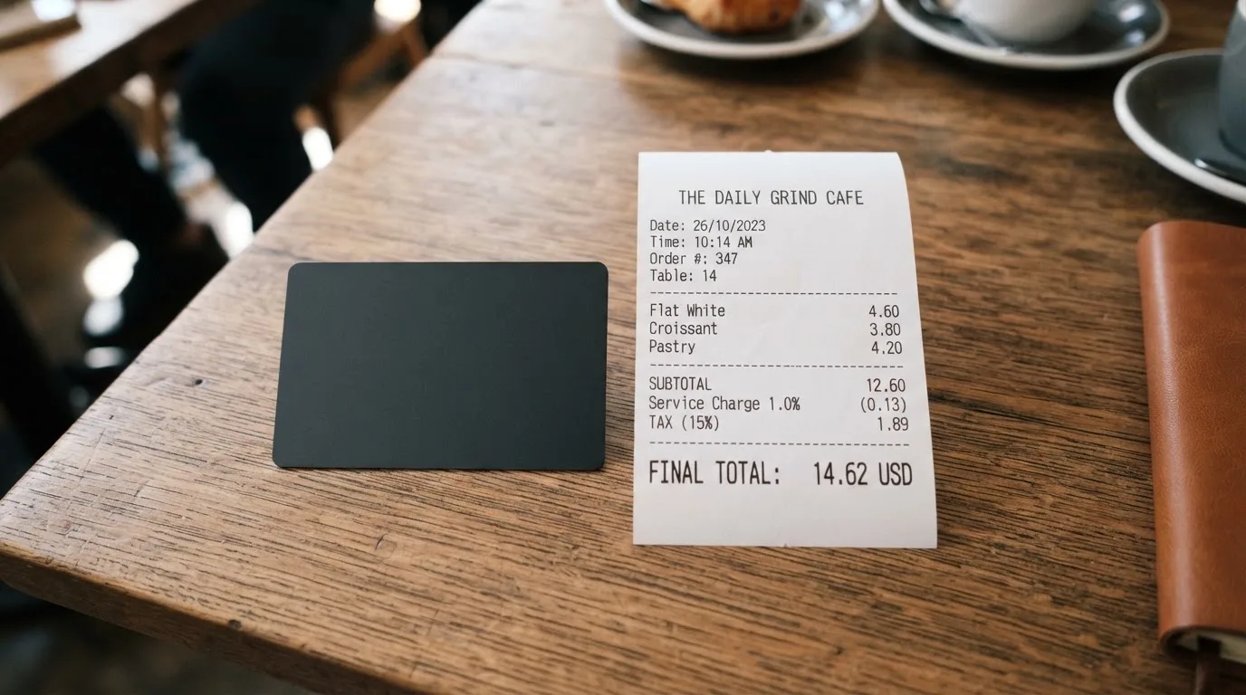 A receipt and a card on a café table