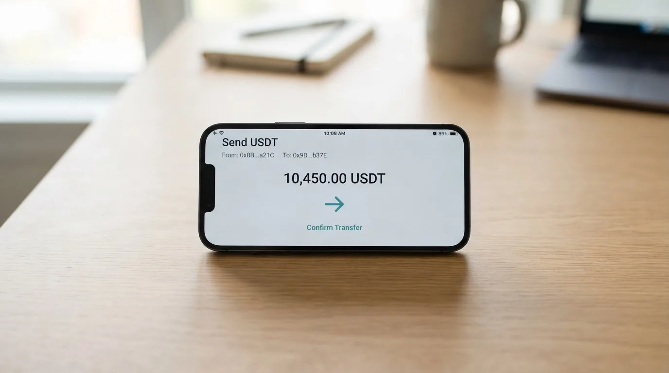 A phone showing a stablecoin transfer screen