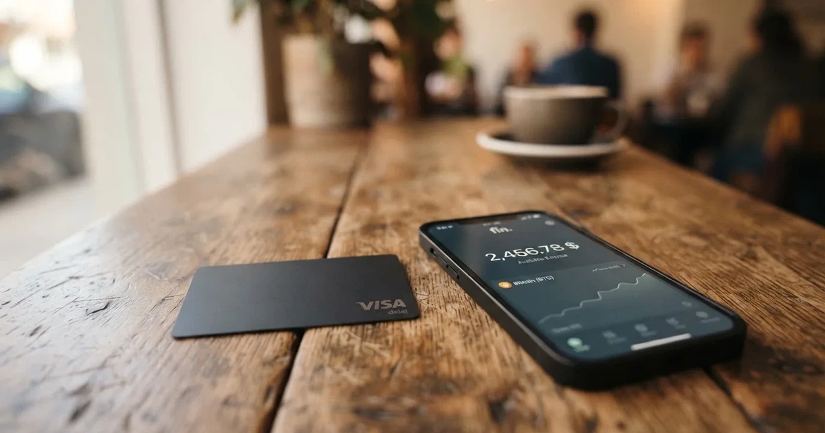 A payment card next to a phone with a crypto wallet app open