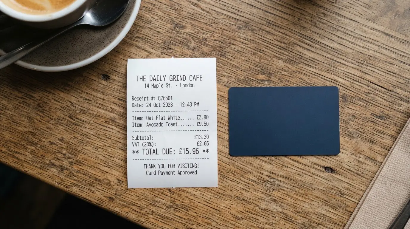 A receipt and a card on a café table