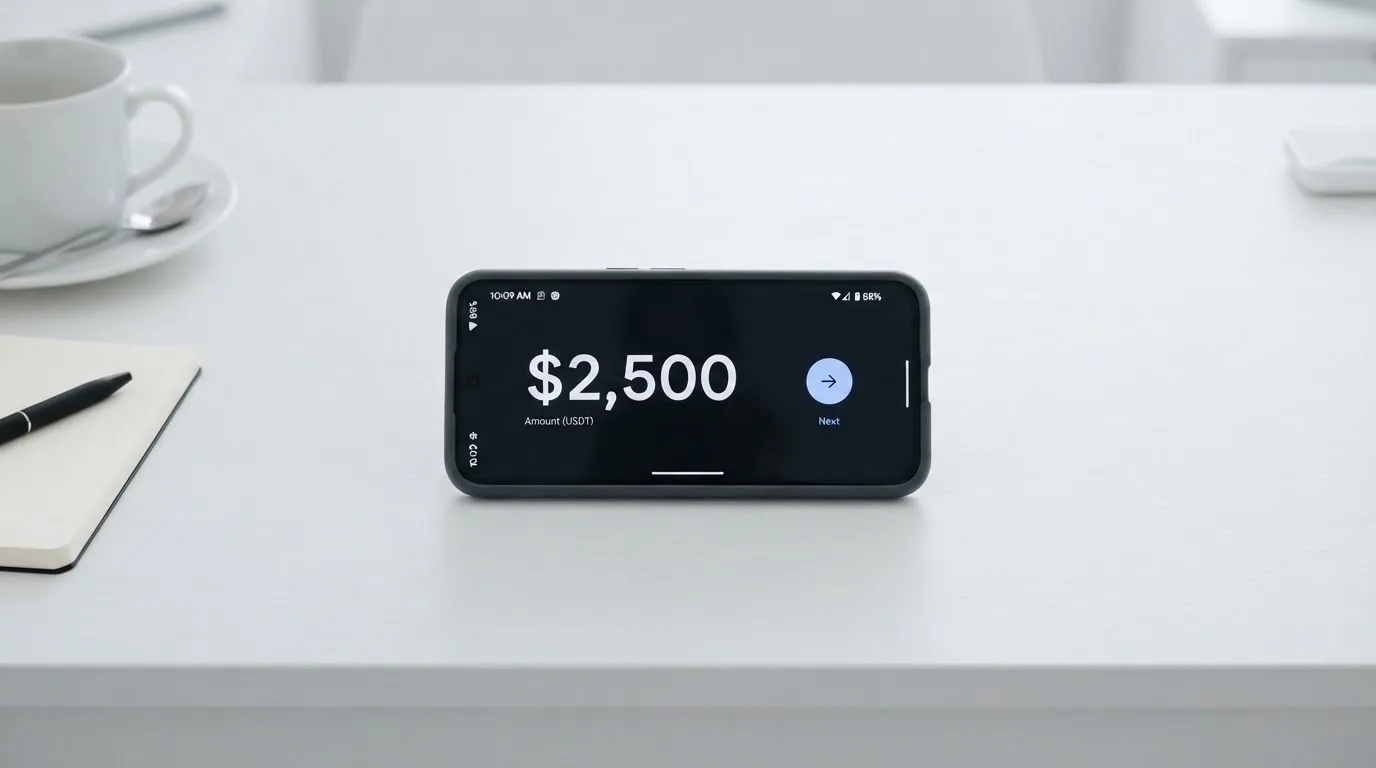 A phone showing a stablecoin transfer screen