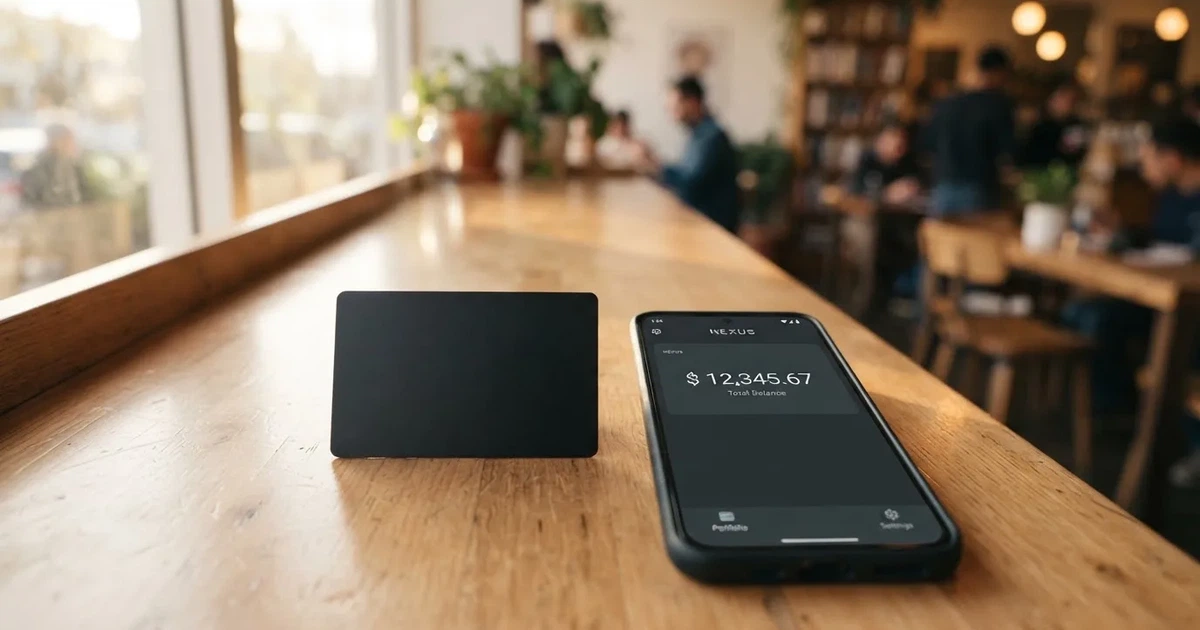 A payment card next to a phone with a crypto wallet app open